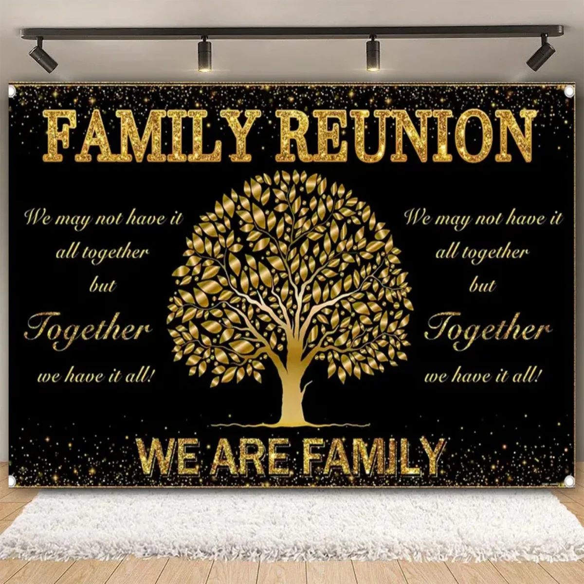 Family Reunion Backdrops We are Family Green Eucalyptus Leaves Family Tree Photography Backgrounds Birds Butterfly Gold Glitter