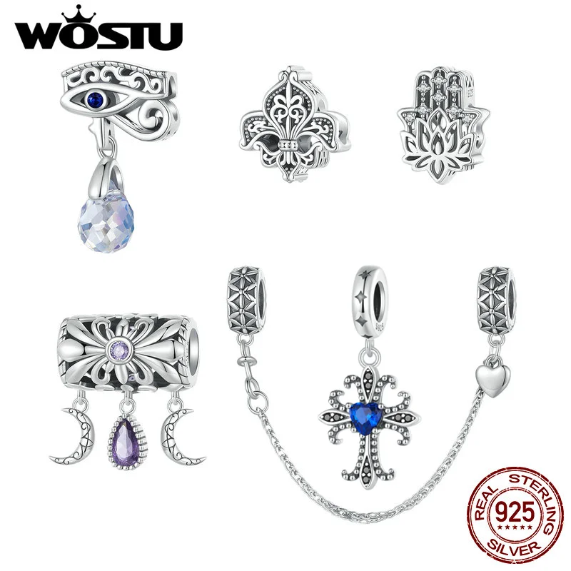 

WOSTU 925 Sterling Silver Cross Hand of Fatima Iris Charm Pendant Safety Chain For Women Fit DIY Bracelet Necklace Jewelry Gift