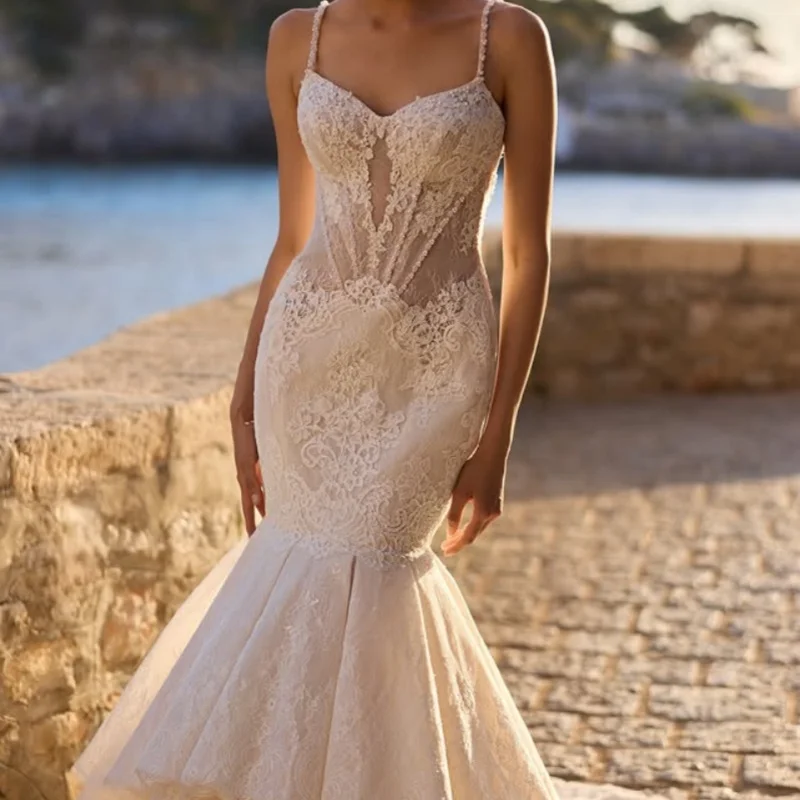 

Ivory White Appliques Wedding Dresses off-shoulder fishtail Lace layering decal Long tail Bridal Gowns Made Customized