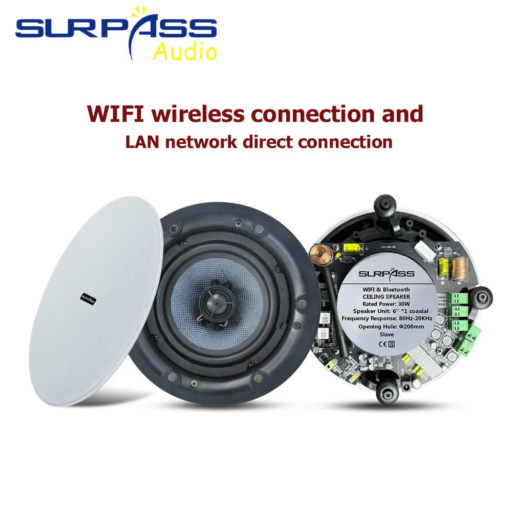 WiFi Ceiling Bluetooth Speaker with Removable Mesh Hood 40W 6-Inch Music Speaker Embedded Installation for Living Room Kitchen