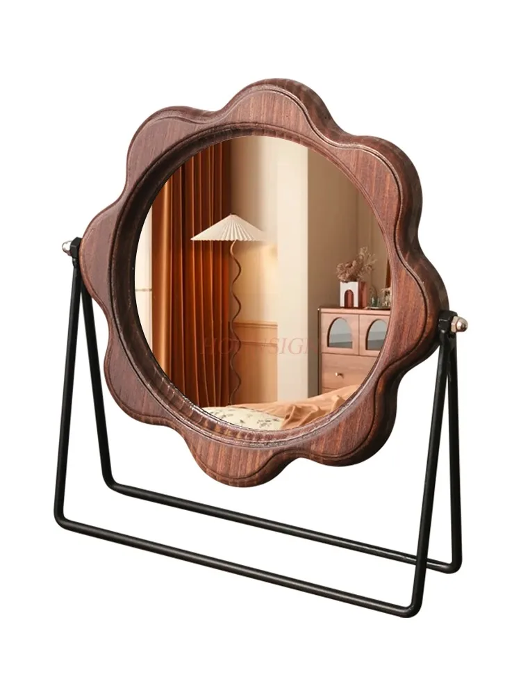 Desktop makeup mirror simple retro style wooden dressing mirror portable dormitory desktop mirror rotatable