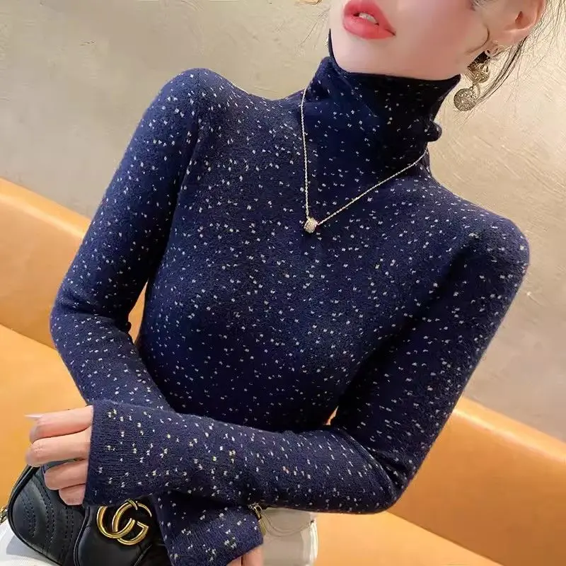 Women\'s Autumn and Winter New High Collar Sweater Korean Commute Spliced Printed Geometric Slim Long Sleeve Casual Knitted Tops