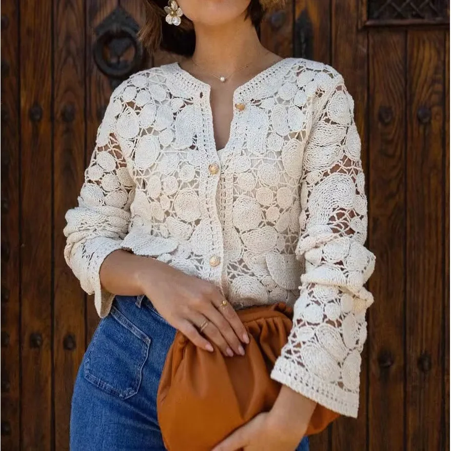 

Retro Women's Hollow out Top Jaet irt Long Sve round Ne Open Cardigan Sle Knitted Sweater for Young Adults