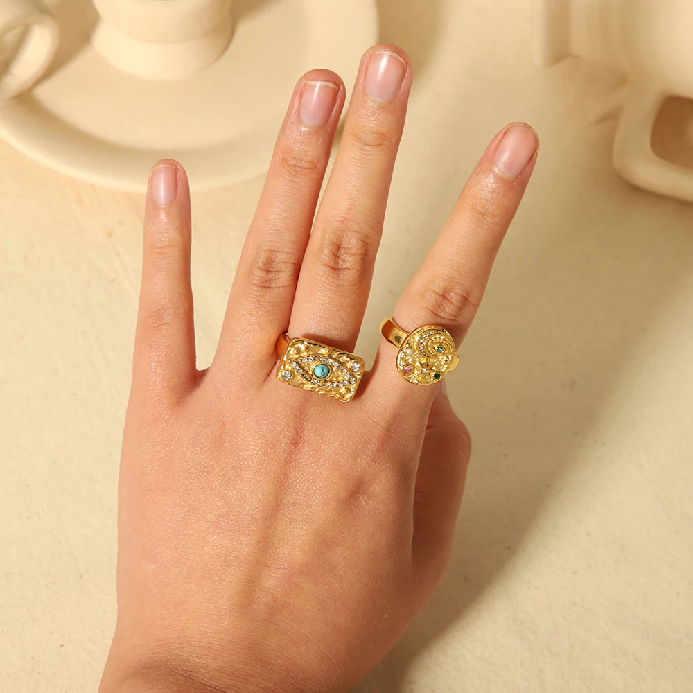Dainty 18K Gold Plated Stainless Steel Turquoise Zircon Rings Lava Hammered Texture Evil Eyes Rectangle Rings Jewelry