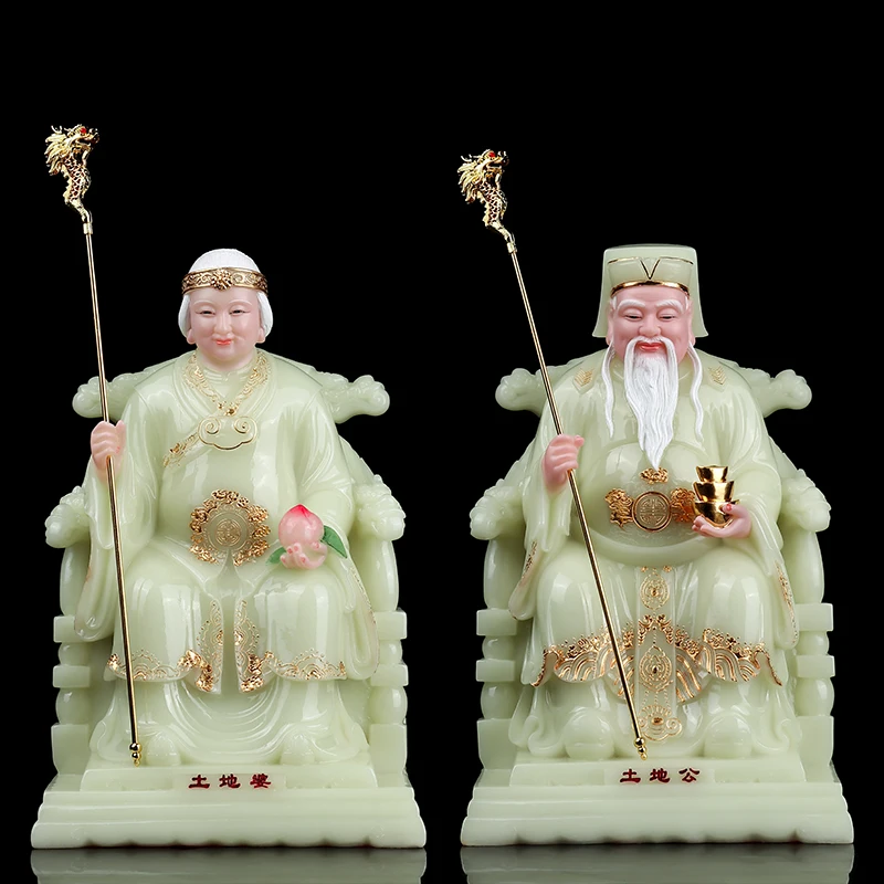 

A pair TOP gilding jade BUDDHA figure HOME shop Prosperity God of wealth CAI SHEN YE TU DI GONG PO FENG SHUI statue