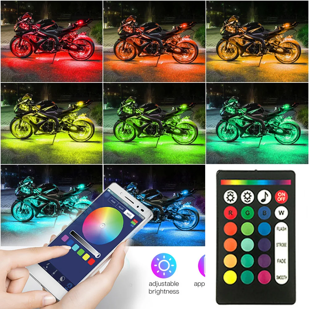 6PCS RGB Motorcycle LED Light Kits RF/ App Control Multicolor 5050 LED for Motorcycles Music Modes Motorcycle Underglow Lights