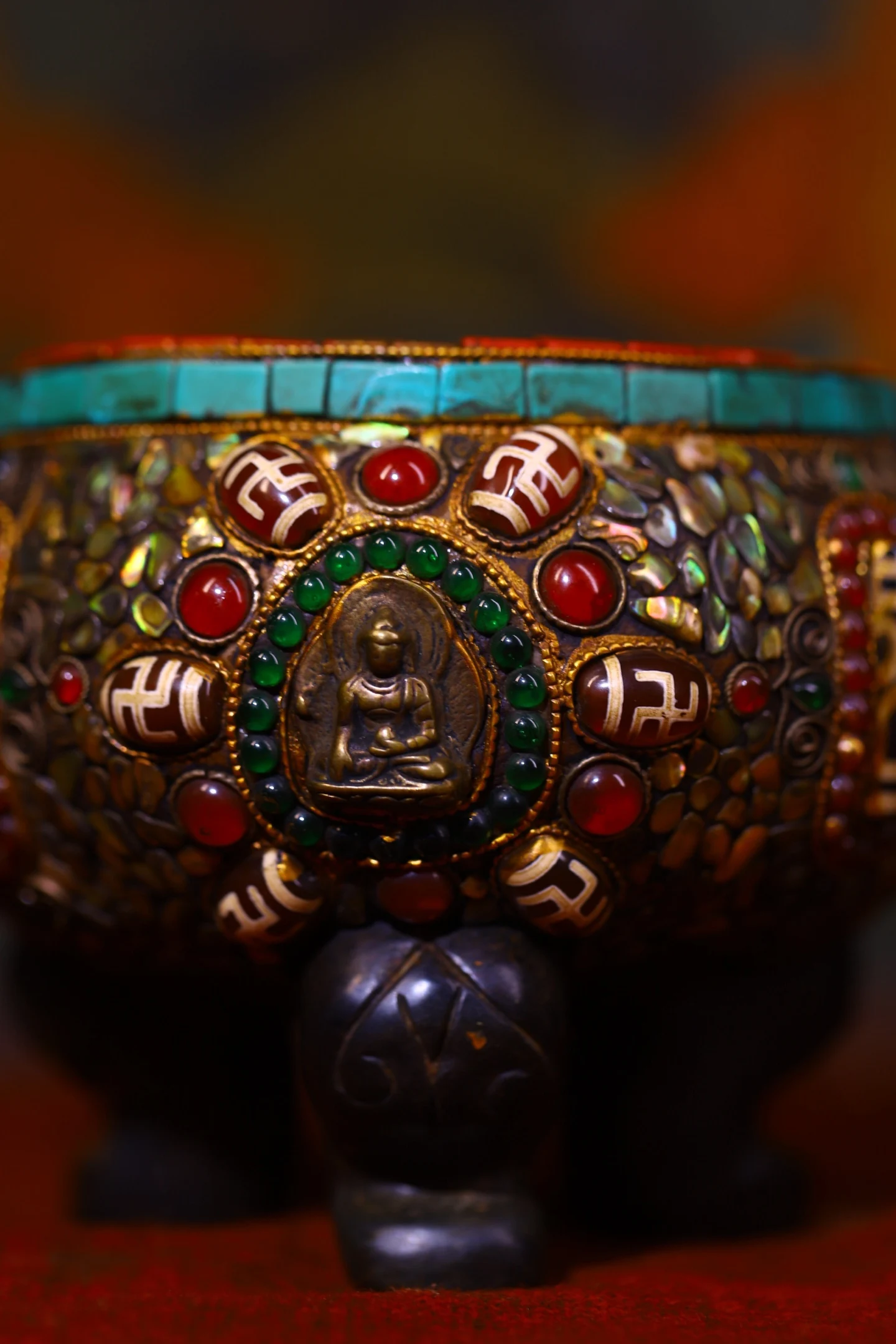 9 "مجموعة معبد التبت القديم النيزك الطبيعي فسيفساء جوهرة gZi الخرز قذيفة الفيروز شاكياموني نمط Luding البخور الموقد