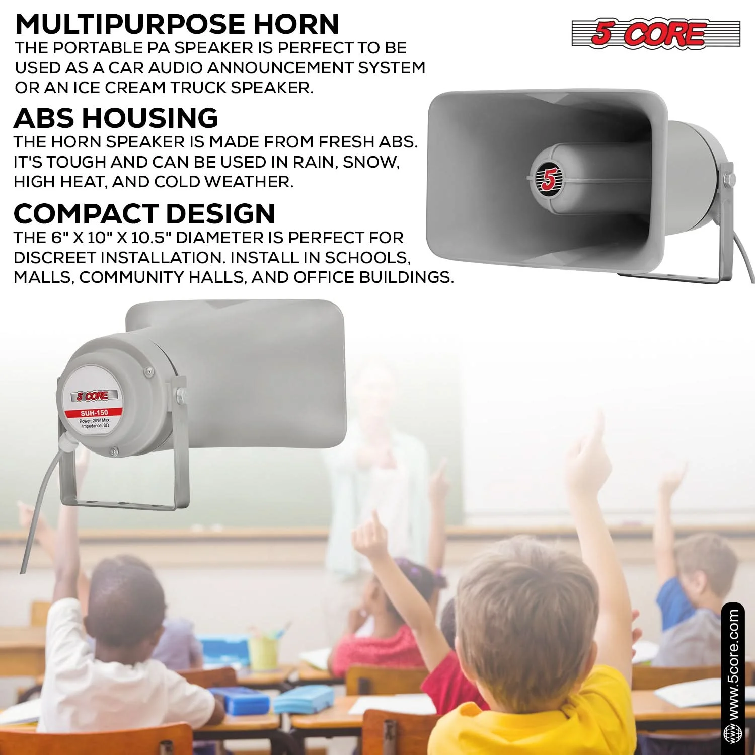 5 코어 PA 경적 스피커, 야외 사이렌 확성기, 200W PMPO 시끄러운 드라이버 경적 SUH-150, 6 인치 x 10 인치, 1 개