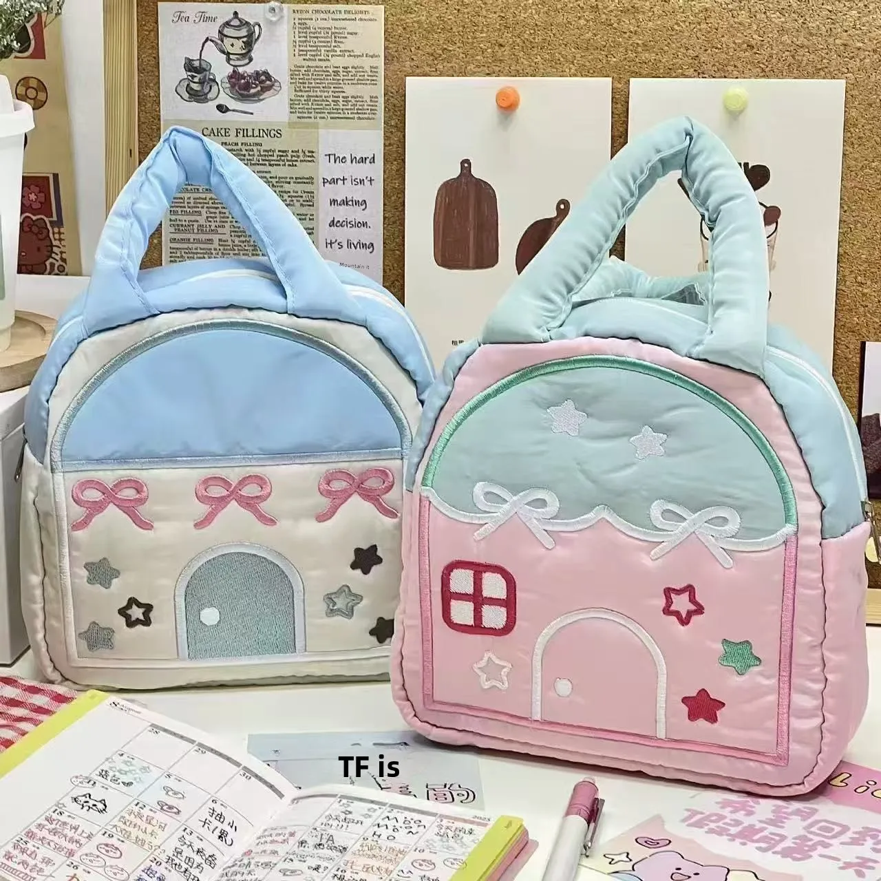 

Cute Dopaamine Creamy House Embroidered Portable Instant Photo Large Capacity Storage Handbag Makeup Bag Exquisite Handbag