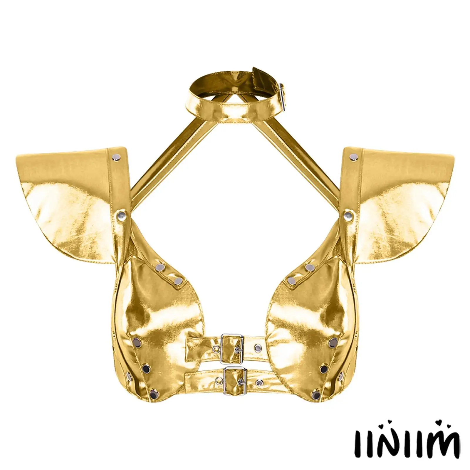 Womens Gothic Metallic Shiny Crop Top Halter Fly Sleeve Studs Detail Adjustable Buckles Corset Bustiers Top Fashion Clubwear