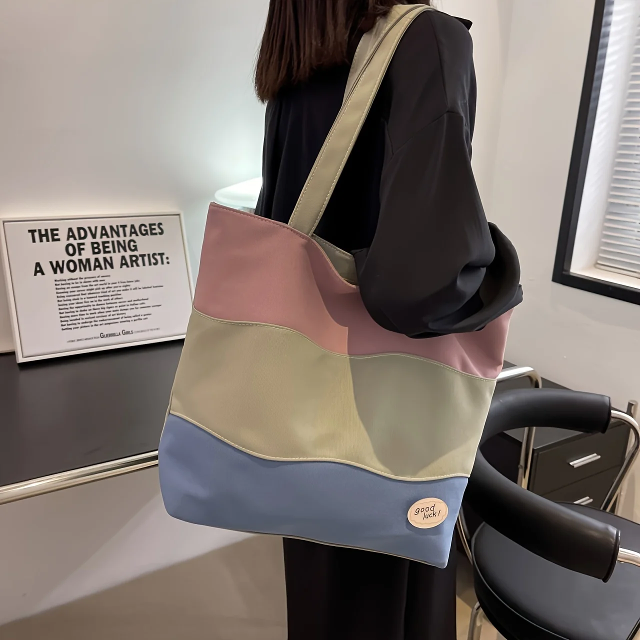 

Large Capacity Women's Tote Bags Casual Shoulder Bag Color Matching Travel Zipper Shopping Bag