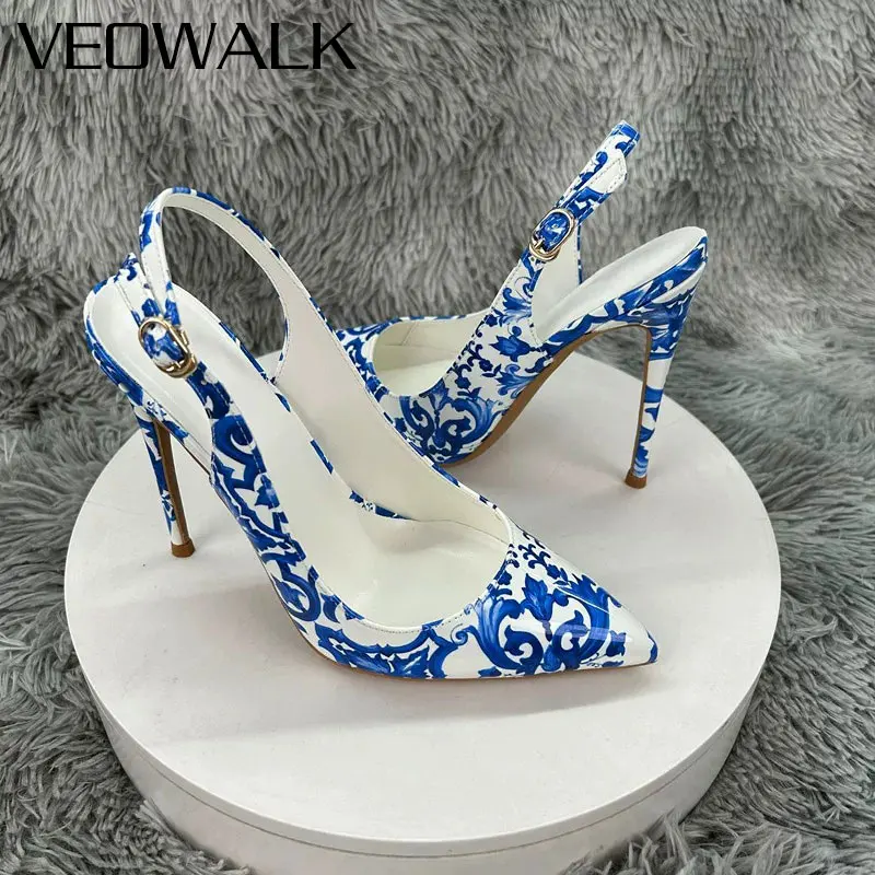 Women Blue Floral Print Slingback High Heels 8CM 10CM 12CM Super Stiletto Heel Pointed Toe Sexy Vintage Pumps for Party Evening