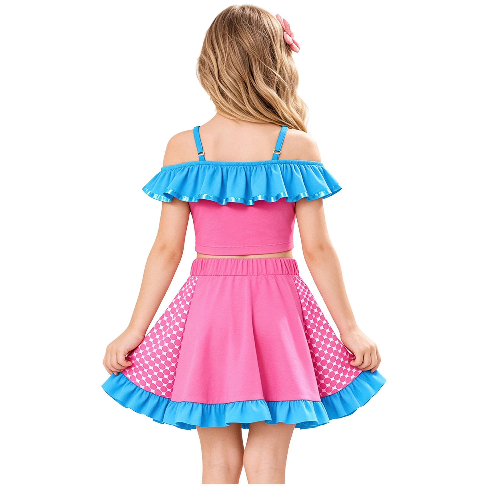 Kids Girls Movie Character Dress Up Costume Cat Printed Color-blocked Ruffled Crop Top with Bowknot Pleated Skirt for Halloween