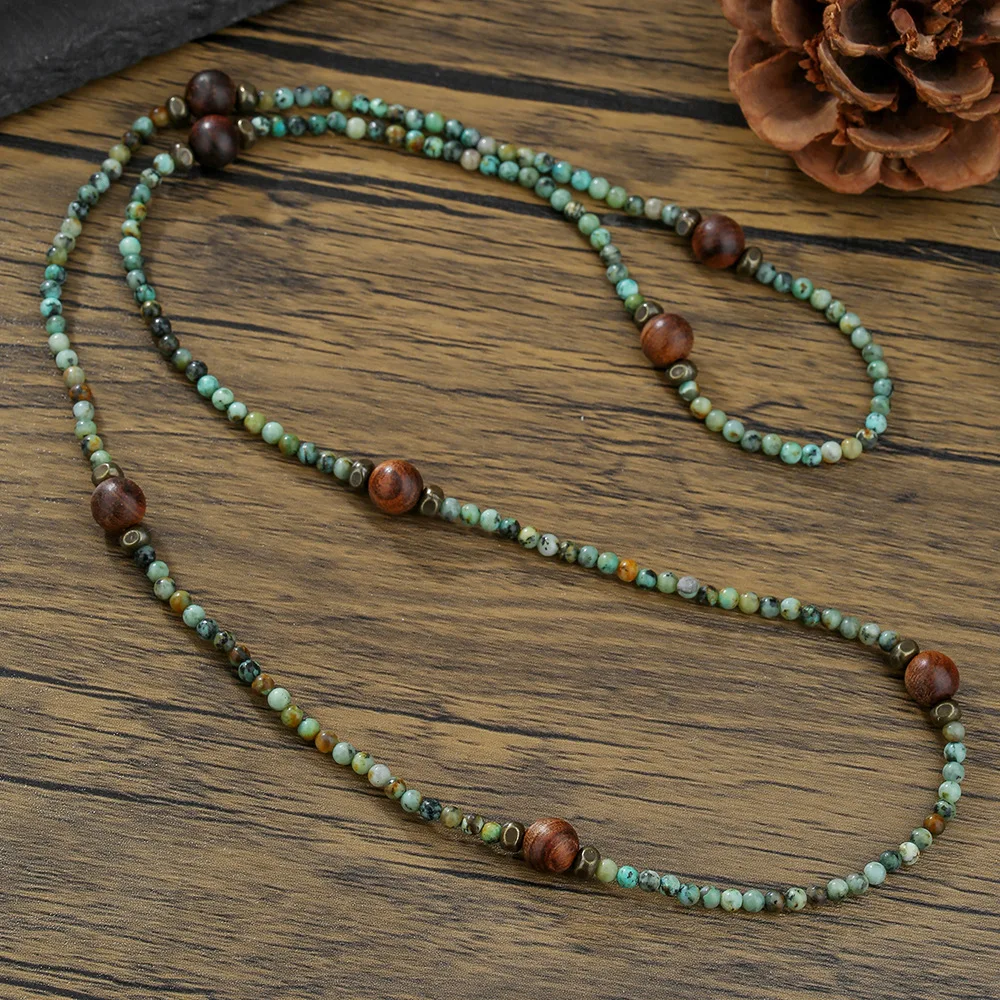 

1PC Men's Bohemia Africa Stone Long Beads Necklace for Men Vintage Ethnic Tribal Wooden Beaded Necklace Man Jewelry