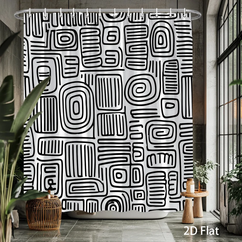Abstract Black White Geometric Shower Curtain, Boho Line Art Print Waterproof Bathroom Decor, Modern Minimalist Home Bath Screen