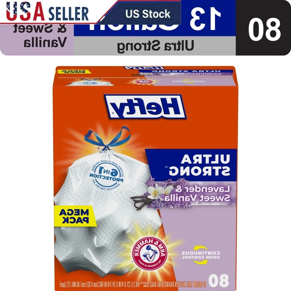 

Сверхпрочные 13-галонные мешки для мусора с контролем запаха, лавандовый сладкий ванильный аромат, 80 шт., высокие кухонные мешки, герметичный шнурок