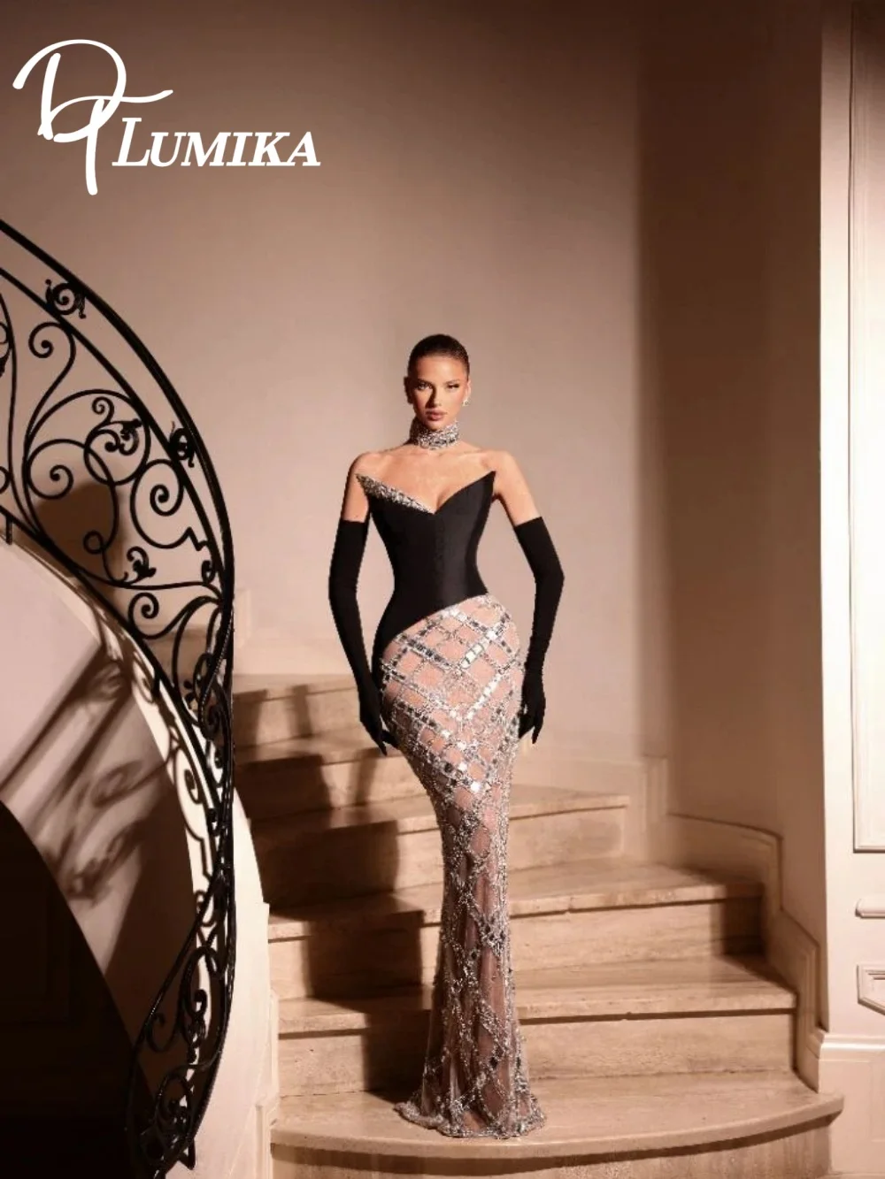 

Black Silver Mermaid Evening Dress 2026 Timeless Strapless Corset Top Sheer Beaded Skirt Formal Gown With Choker فساتين سهرة