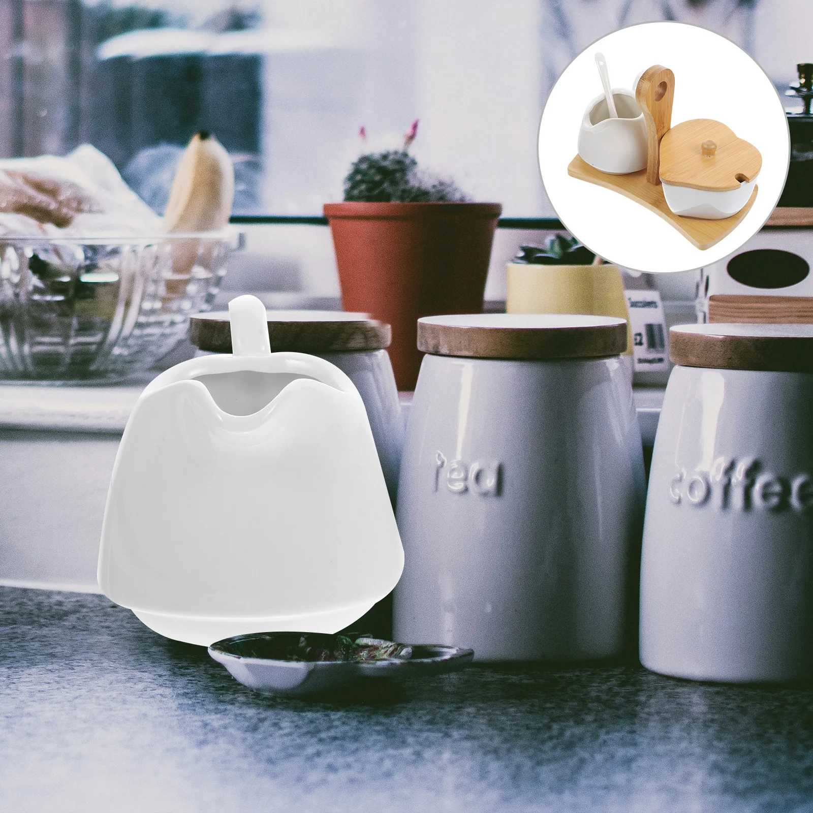 

Cream Pitcher Creamer Set With Bamboo Tray Spoon For Home Hotel Sugar Bowl With Spoon Kitchen Bar Decor Gift