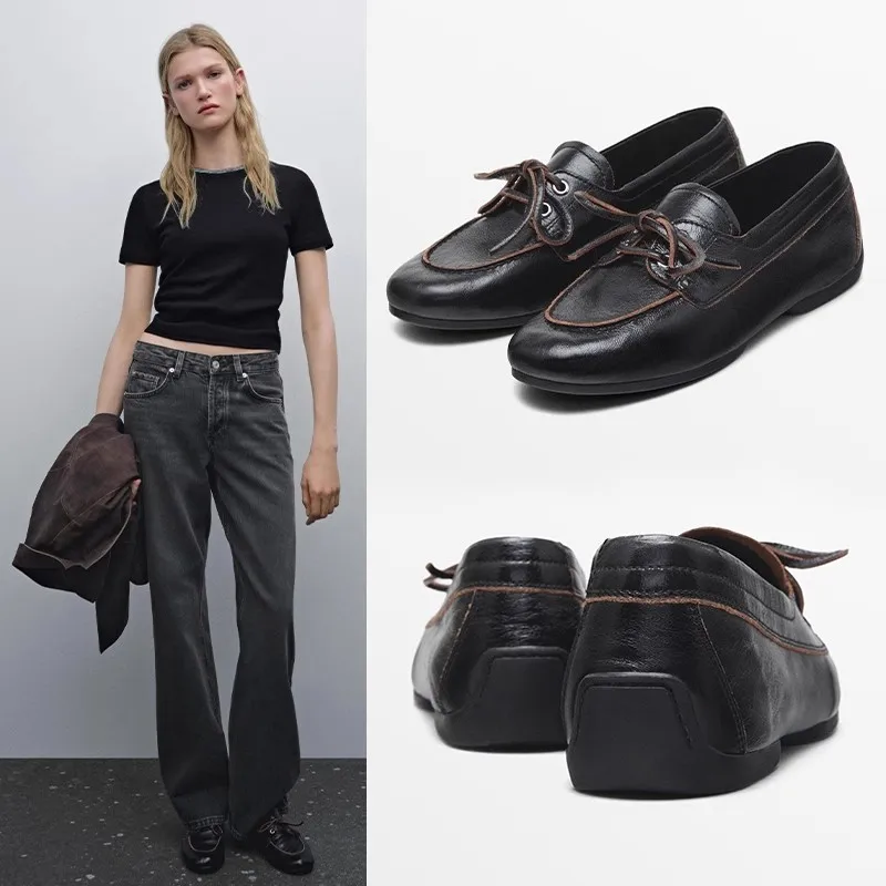 

Mrxmus dutit Women Shoes Genuine Leather Round Toe Retro Lace Up Flat Shoes Versatile Commuting Loafers