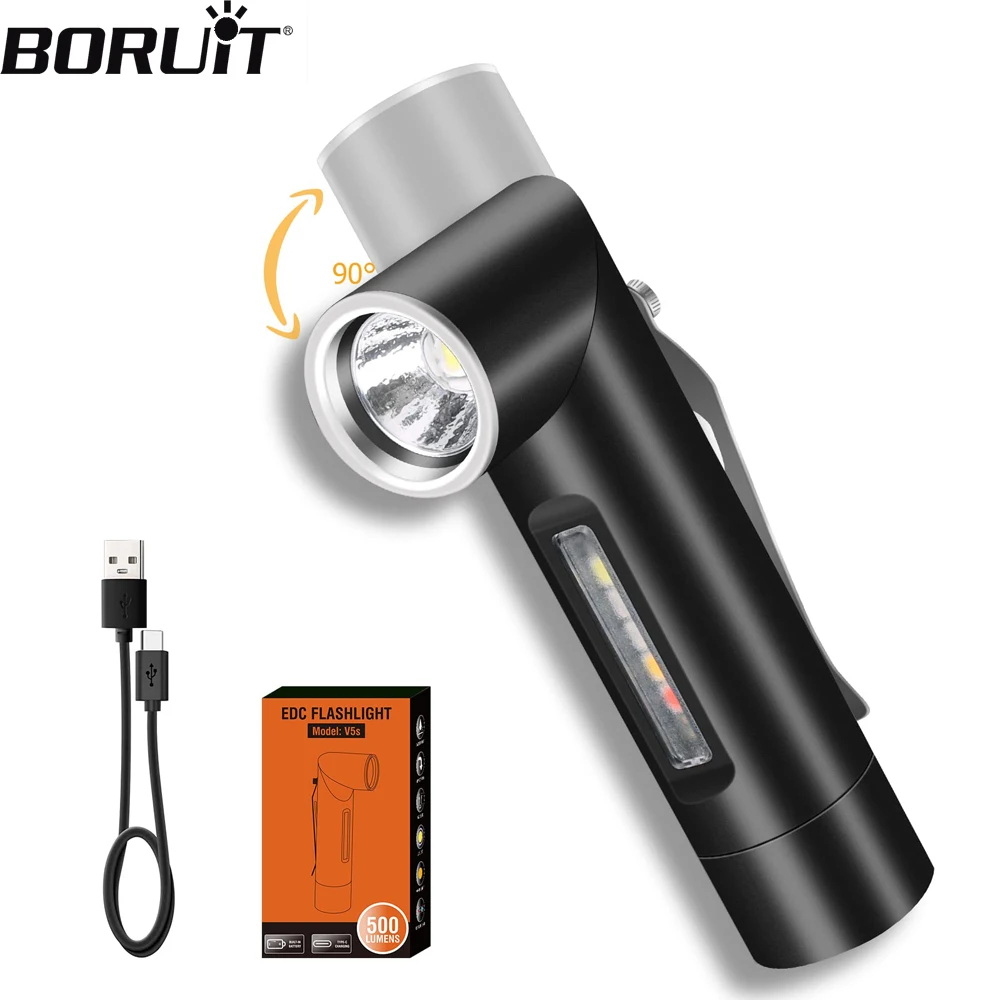 boruit lanterna de bolso recarregavel com ima e clipe mini tocha de alto brilho tipo c v5s edc 90 rotativo 500lm 01