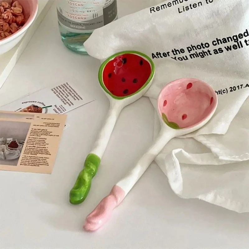 2 Set Of Cereal Bowl Cereal Killer Spoon Ceramic Spoons Ramen Soup Spoons With Handle Fruit Pattern Serving Spoon image 5