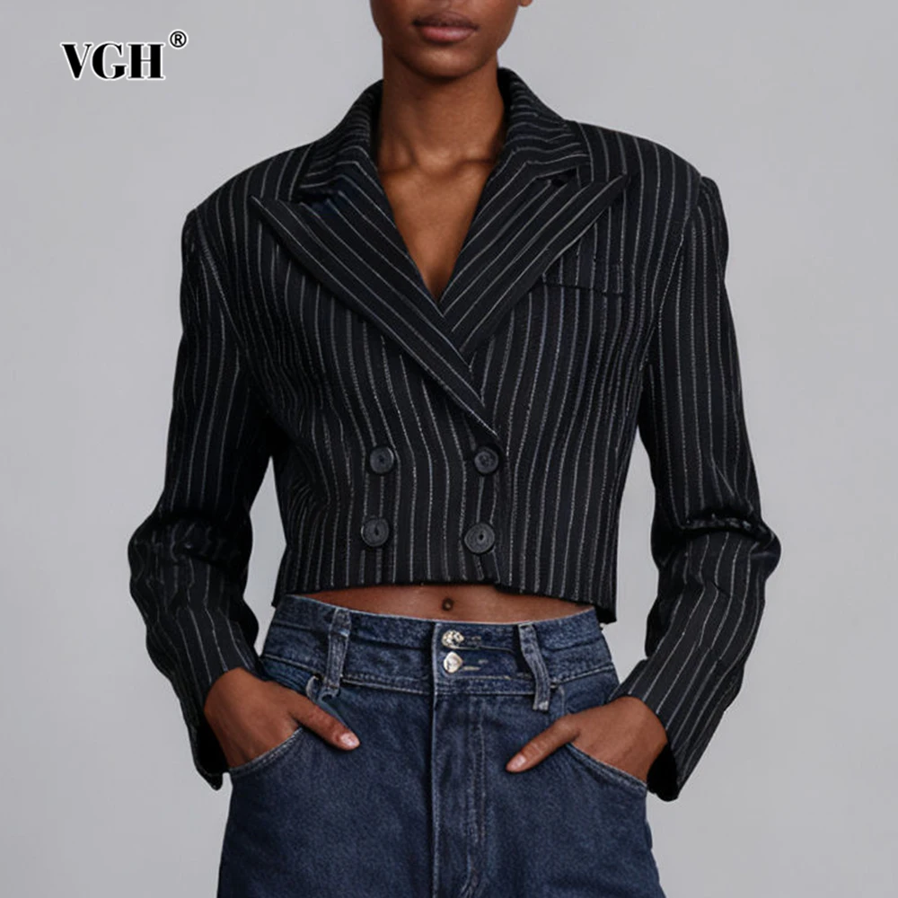 

VGH Temperament Stripe Slimming Short Blazers For Women Lapel Long Sleeve Spliced Button Spring Casual Blazer Female Fashion New