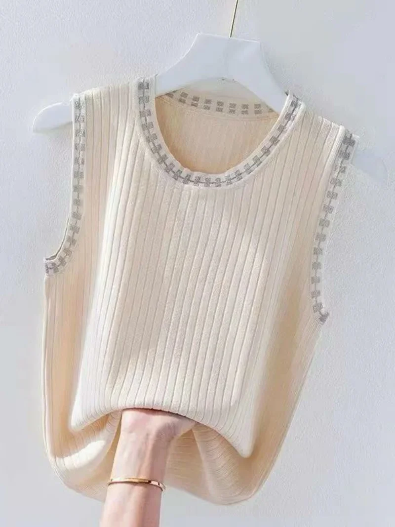 Top Elegante da Donna in Seta Ghiaccio con Spalline, Taglia Grande, Copri Pancia, Maglia Luminosa, Top Sottile Lavorato a Maglia, Bellissimo