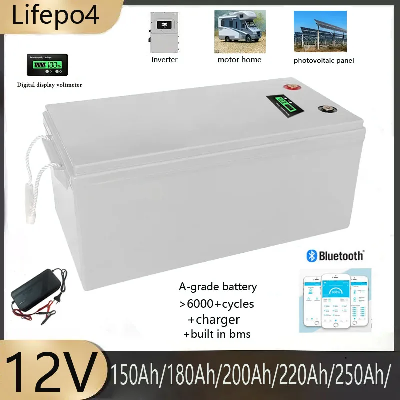 

Rechargable 12V 150Ah 180Ah 200Ah 220Ah 250Ah Lifepo4 Battery with Bluetooth BMS for 2KW Trolling Motor Solar Panel Inverter