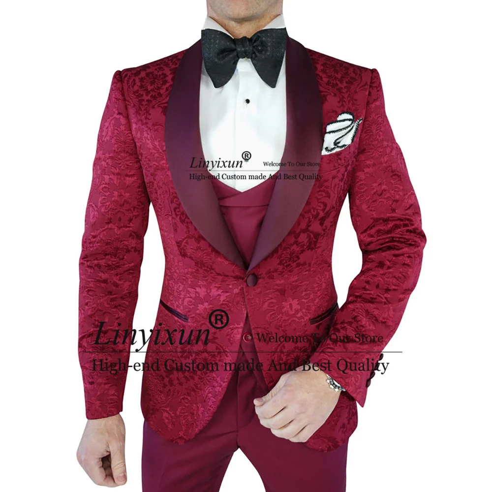 

Burgundy Jacquard Wedding Suits For Men Shawl Lapel Male Prom Blazers Sets Groom Tuxedos Slim Fit Terno Masculinos Completo