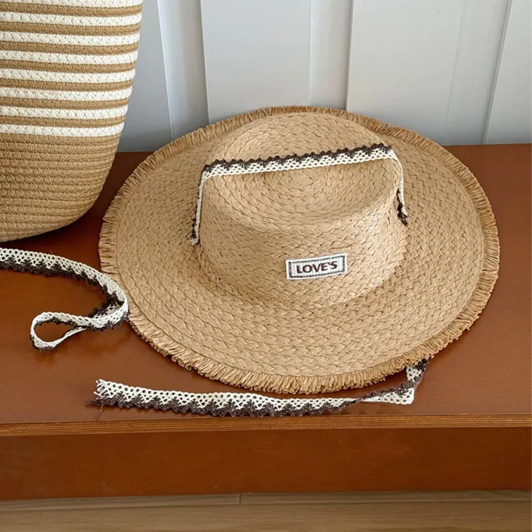 Korea Women Summer Sun Hats Holiday Straw Hat Large Brim with Strap for Adult Sunscreen Casual Beach Cap Vacation Hat Wholesale