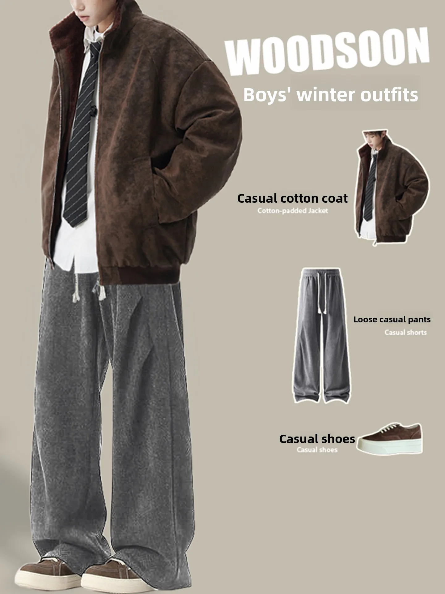 Setelan Pakaian Musim Dingin Pria Trendy dan Keren dari Katun dengan Kerah Berdiri dan Lapisan Bulu Imitasi Amerika