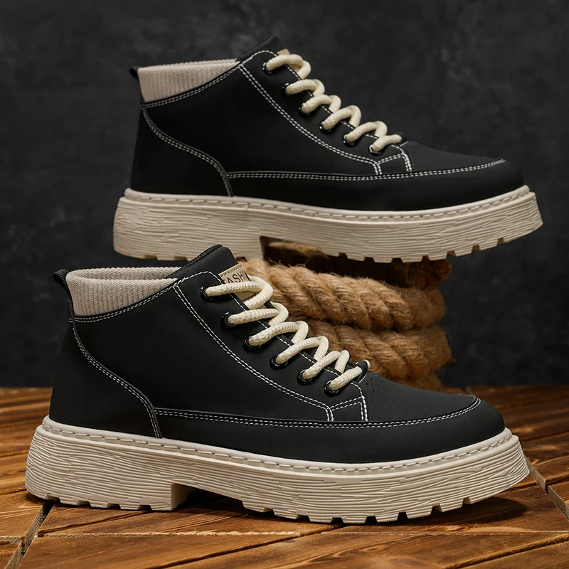 

Thick Soled Ankle Boots Men's Thick Heeled Short Boots Cheap Lace Up Motorcycle Flat Shoes Midsole Waterproof Platform Boots