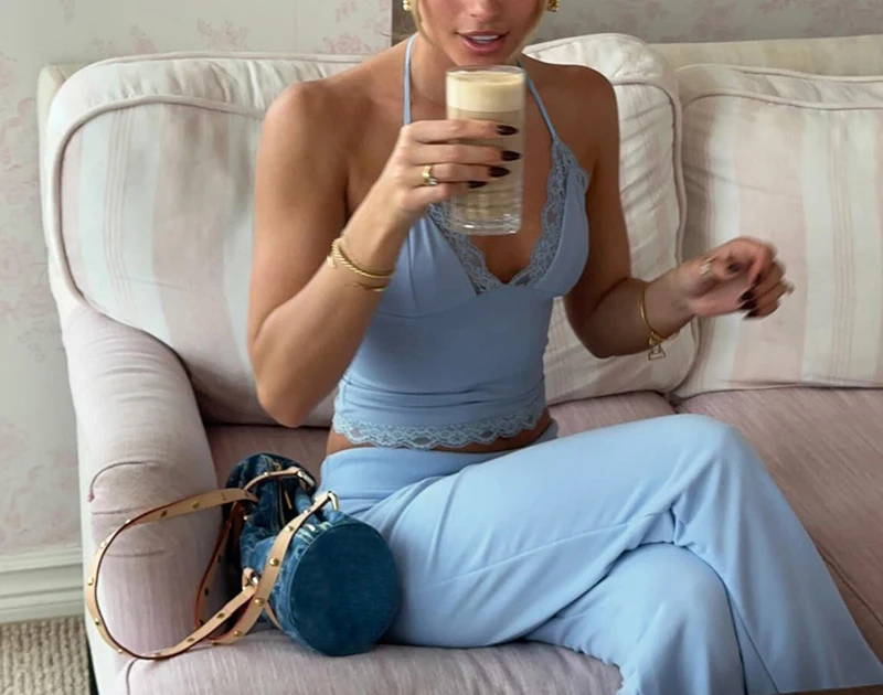 Set di pantaloni da donna 2 pezzi con scollo a v in pizzo Patchwork Crop canotta con coulisse in vita pantaloni a zampa di elefante Set