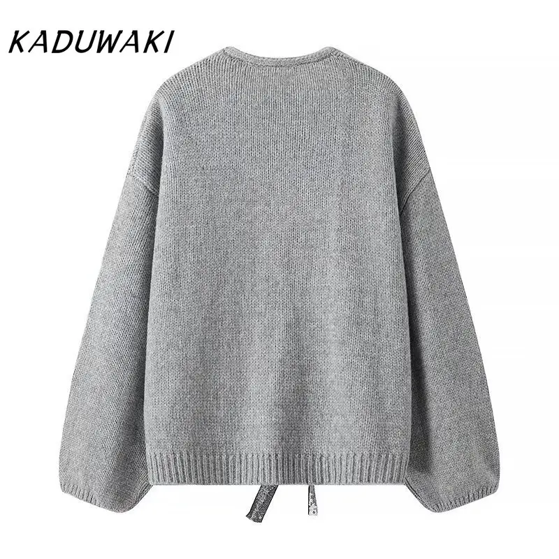 KADUWAKI-Cardigan rétro à paillettes à manches longues avec nœud classique, pulls polyvalents, mode automne et hiver