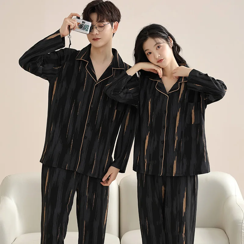 Big Size M-4XL Couple Pajamas Set Spring And Autumn 100% Cotton Pyjamas Long Sleeve Sleepwear Women Men Turn-down Collar Pijama