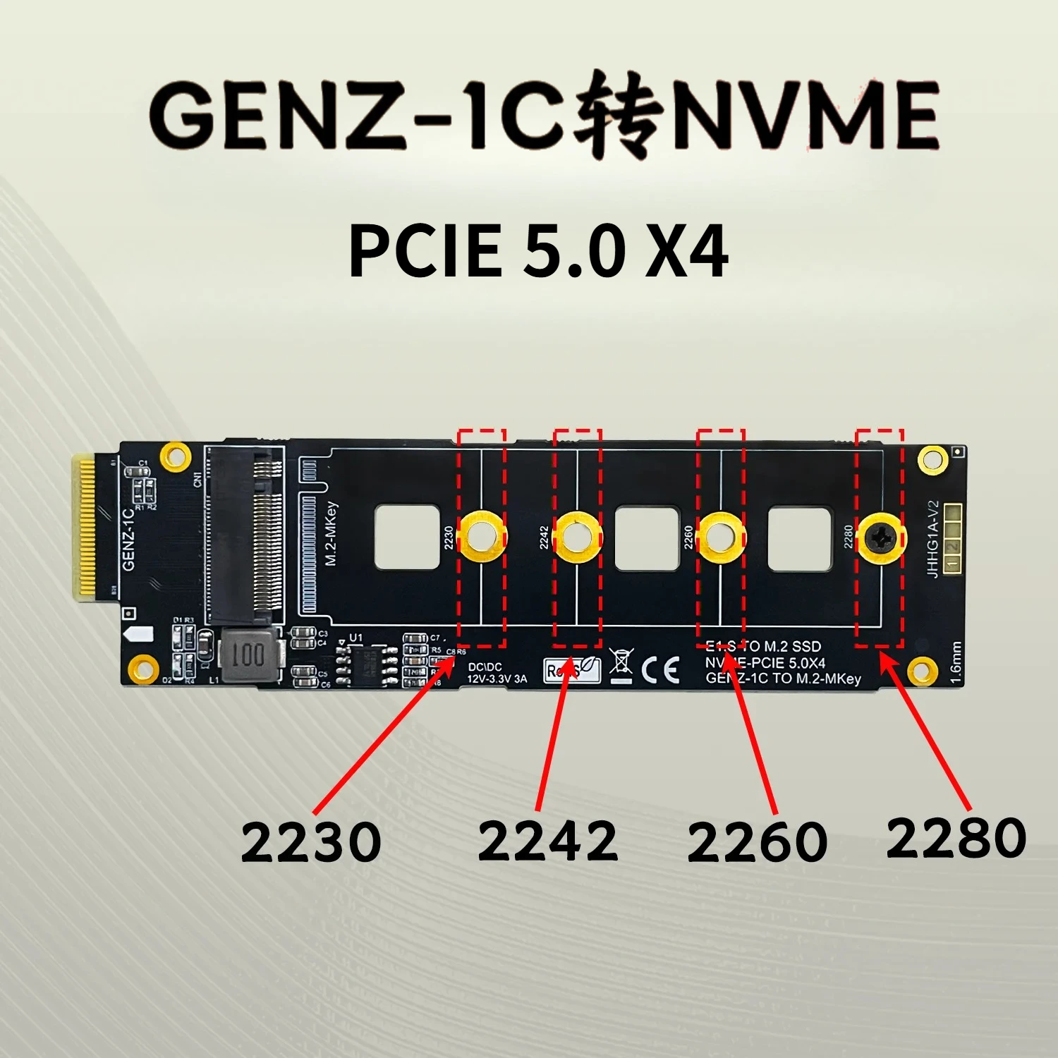 

GENZ-1C to M.2-MKEY NVMe Adapter PCIE5.0 x4 EDSFF GENZ-1C Interface to M2 NVMe SSD Solid State Drive GEN5 Riser Card for Desktop