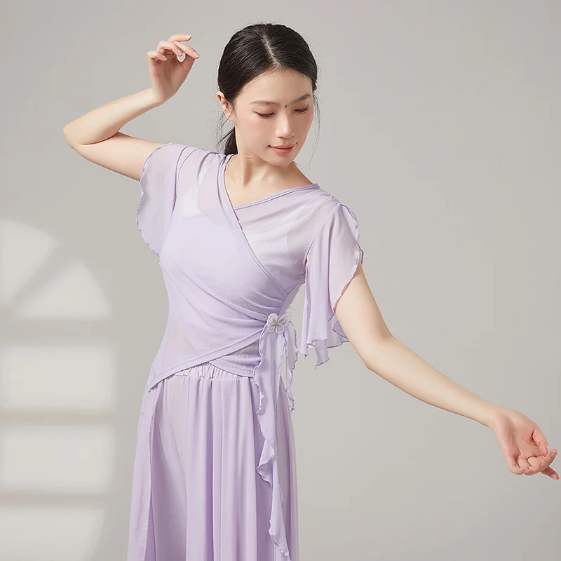 Women Mesh Classical Dance Top Mesh Flare Short Sleeve Modern Dance Latin Ballet Costume Adult Folk Dance Practice T-Shirt