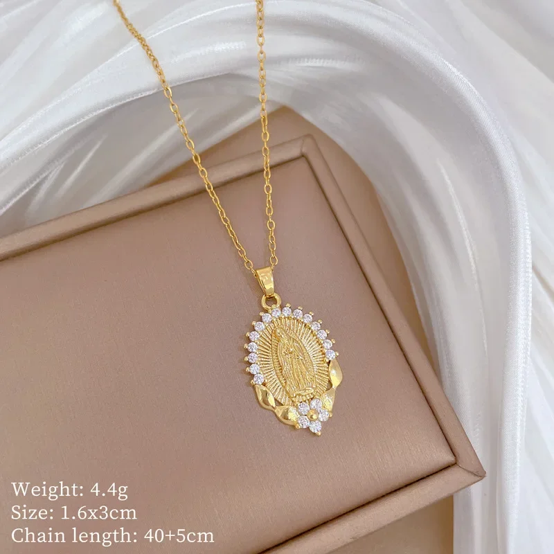 Stainless Steel Chain Religious Virgin Mary Zircon Flower Pendant Necklaces for Women Men Accessories Jewelry Gifts