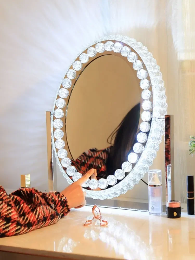 Large crystal LED makeup mirror with light, high-end dressing mirror, desktop desktop girl light luxury