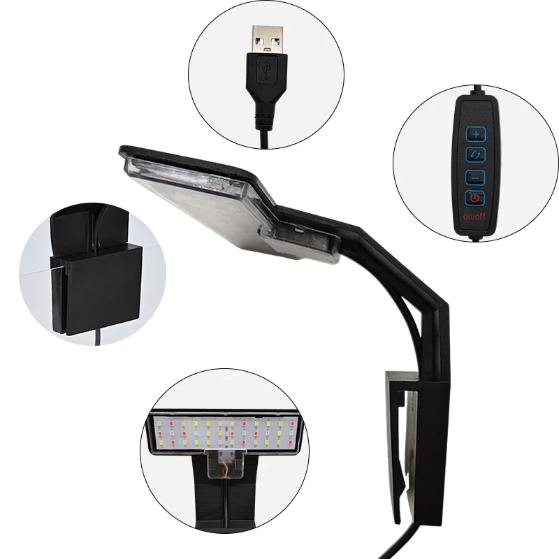 USB-Quadrat-Clip-On-Aquarium-LED-Leuchte, Vollspektrum-RGB, 3-farbig einstellbare, dimmbare Lampe mit hoher Helligkeit für kleine Fischbecken, 5 W – Detail 1