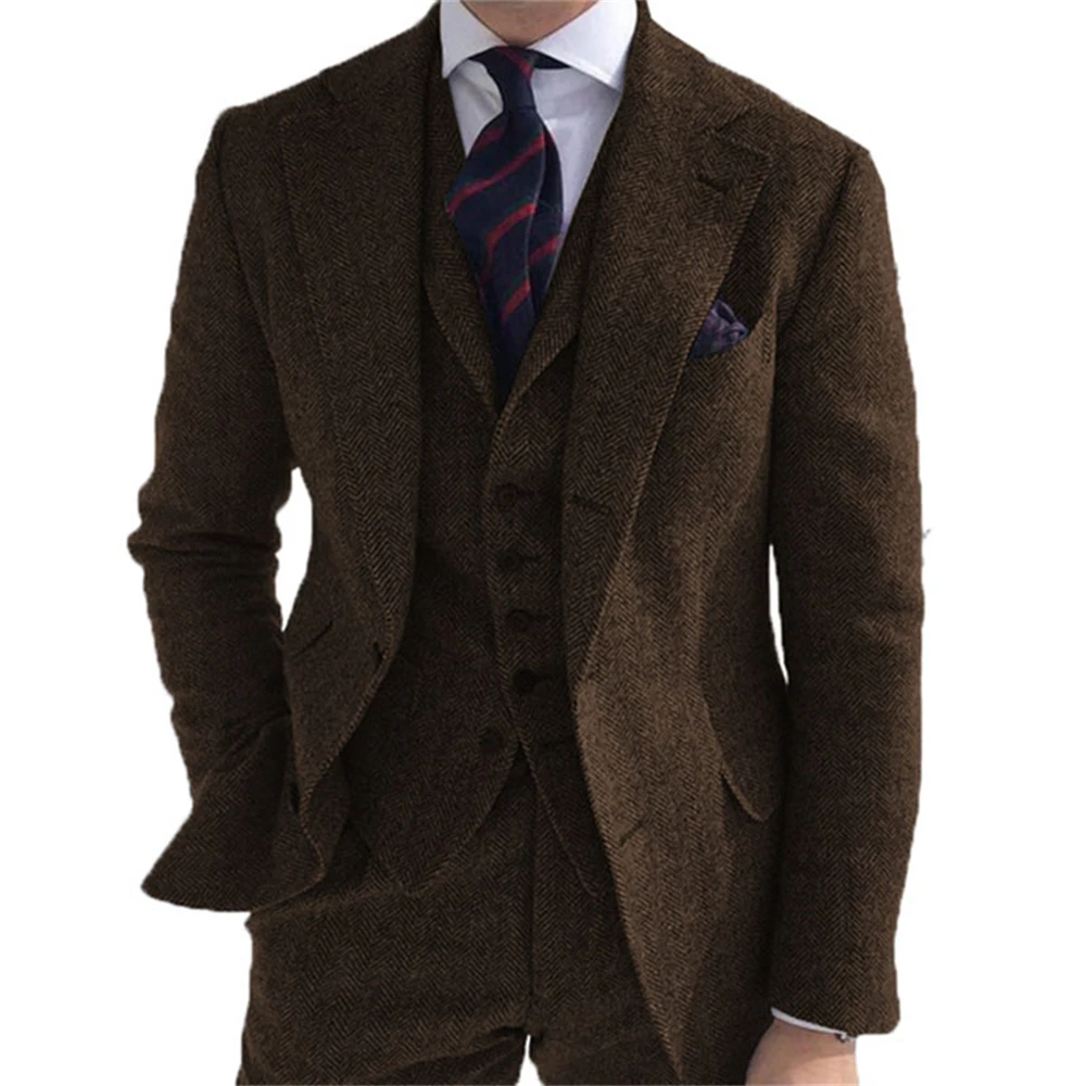 New Wool Tweed Winter Men Suit's For Wedding Formal Groom Tuxedo Herringbone Male Fashion 3 Piece Suit (Jacket + Vest + Pants) - Image 4