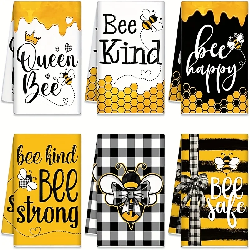 A set of 6 hardworking little bee decorative tea towels made of ultra-soft microfibers for cooking and cleaning