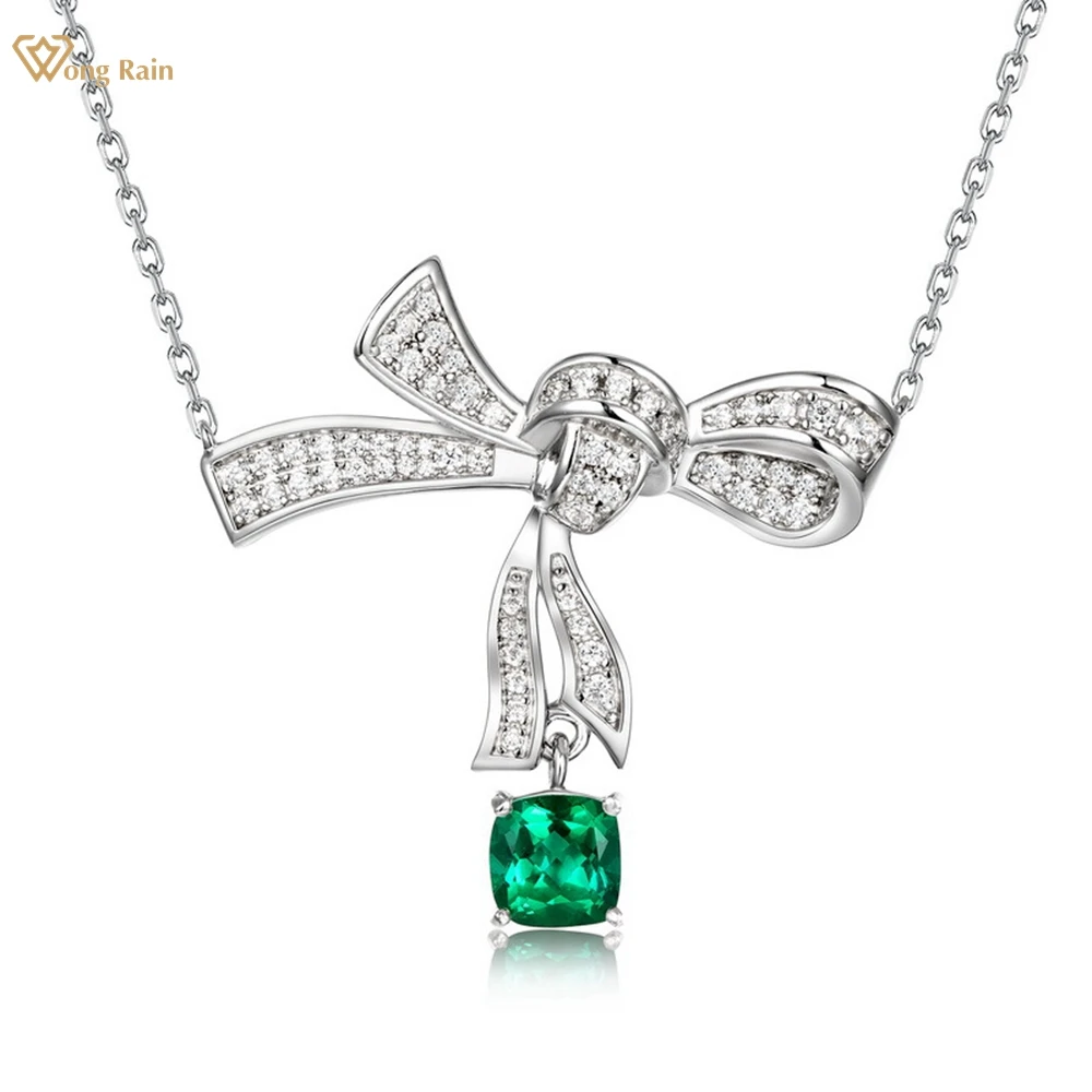 

Wong Rain твердое серебро 925, изумруд, высокоуглеродистый бриллиант, драгоценный камень, кулон с бантом, ожерелье, ювелирные изделия, подарки, оптовая продажа