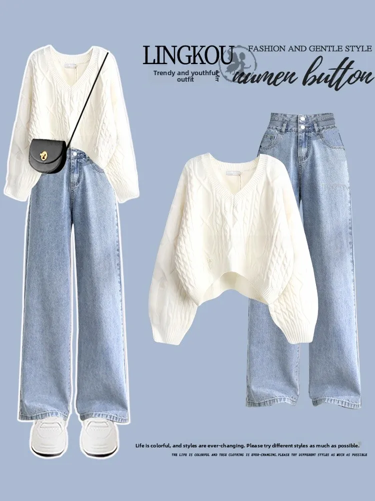 

Soft Sle Large Size Knitted Sweater ort V-Ne Faionable Autumn Winter Set with Slimming Jeans Women's Faion Ensemble
