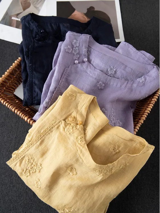 新しい中国風スレ快適な通気性のある刺繍入り麻素材のスベルカラーTシャツ女性用ビジネスカジュアルファッション