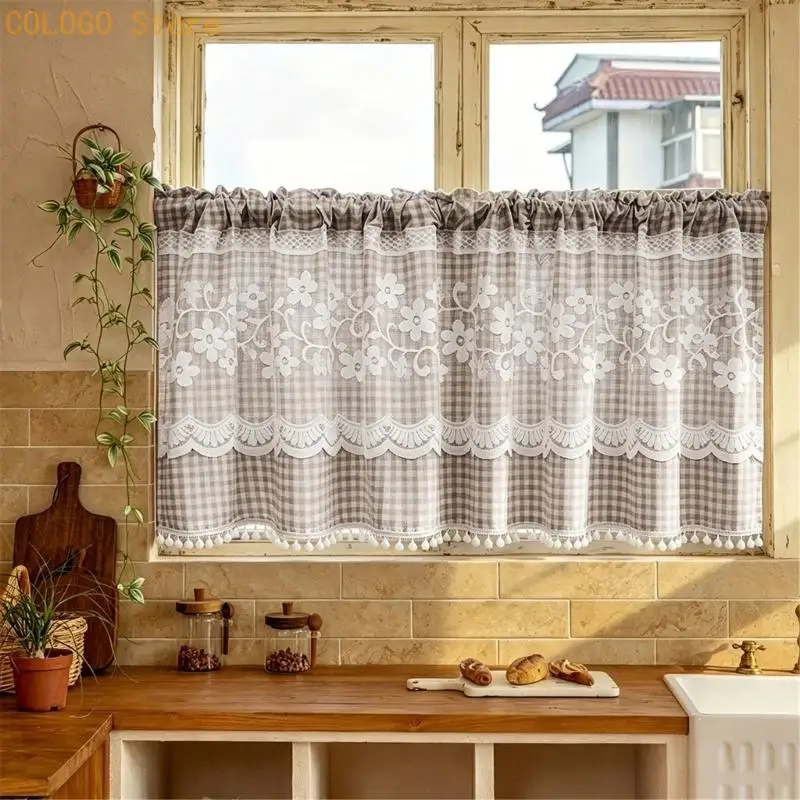 Kitchen Short Curtain Panel with Rod Pocket, Light Filtering Polyester and Gingham Trim for Bath