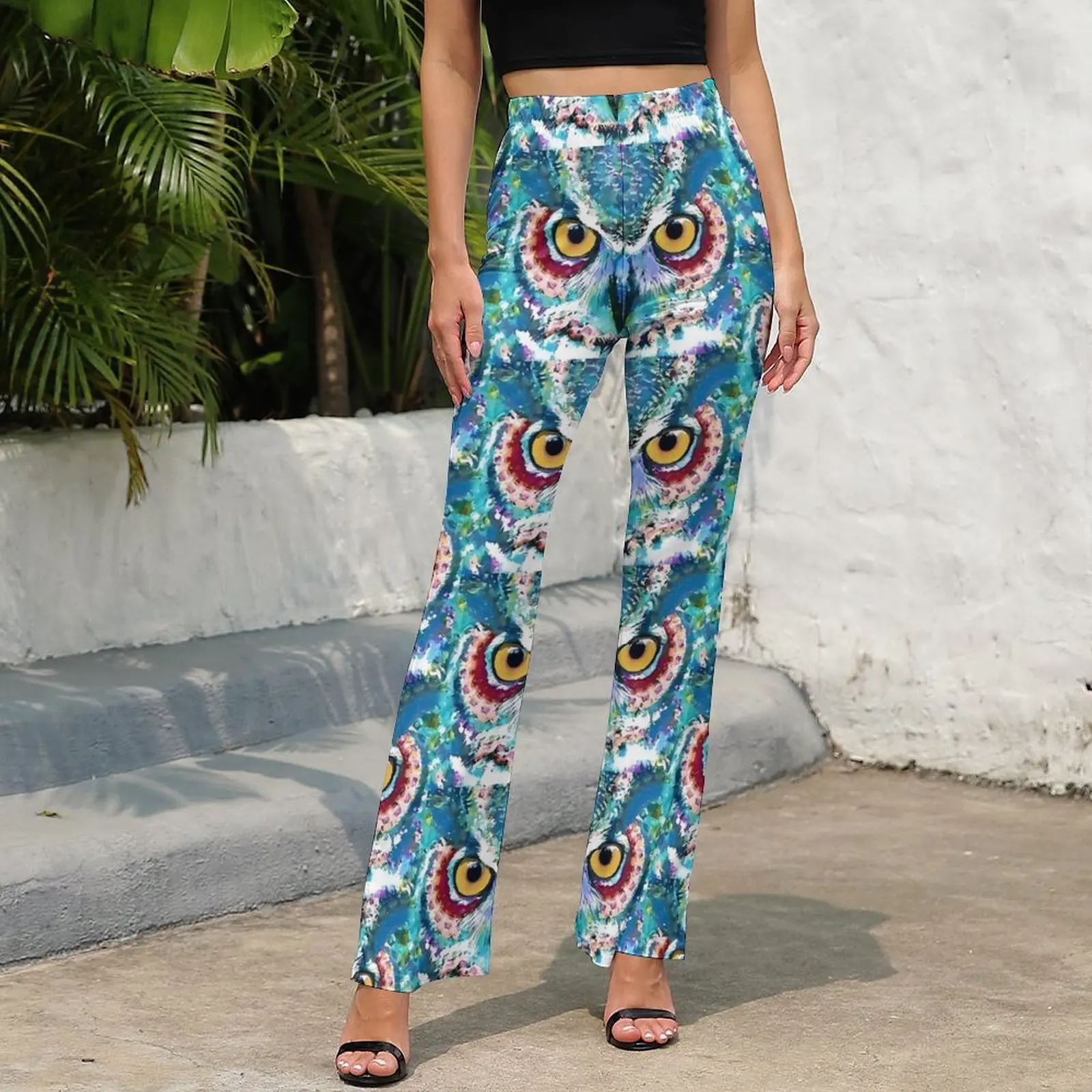 Colorful Bold Owl Art Casual Pants Female Birds Print Slim Aesthetic Flare Pants Summer Office Printed Trousers