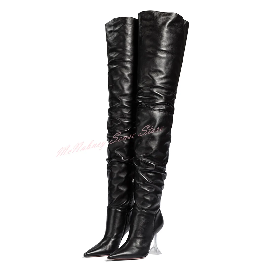 

Clear Strange Style Heels Boots Pleated Leather Pointy Toe Boots Over The Knee Side Zipper Women New Shoes Winter Party Casual