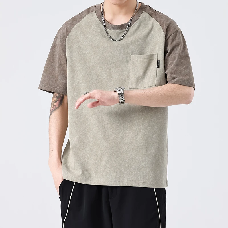 

SZYT609 American summer trend of loose loose hundred casual cotton splicing round neck short-sleeved T-shirt tide male models