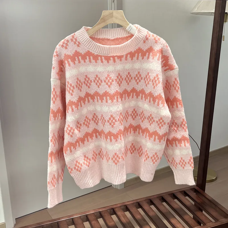 فضفاضة تناسب جولة Ne محبوك سترة المرأة طاقم Ne البلوز لينة كسول Sle العلوي irt معرض جزيرة منقوشة تريكو #1